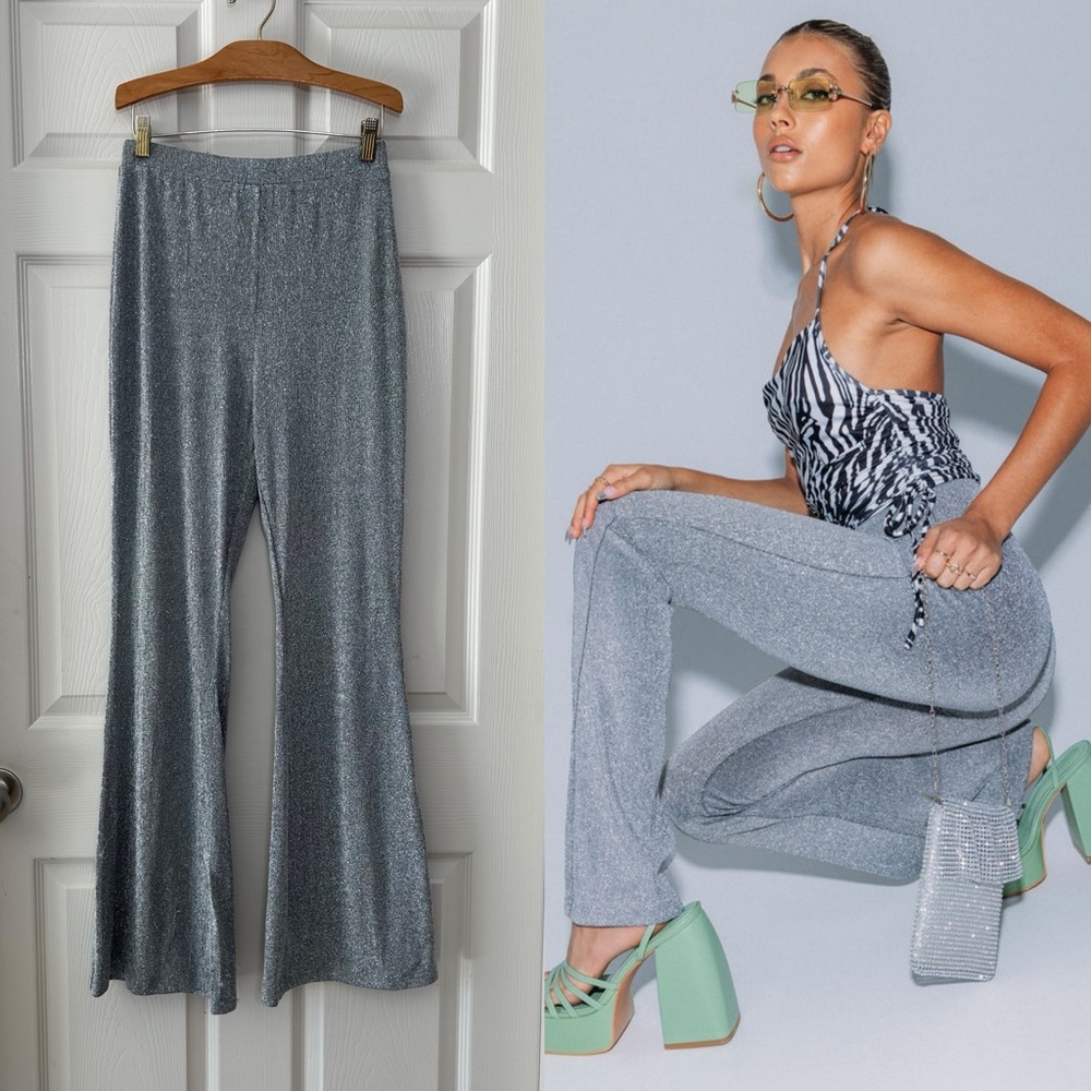 Princess Polly Gray Sparkly Dolores Flare Pants Party Stretchy Rave